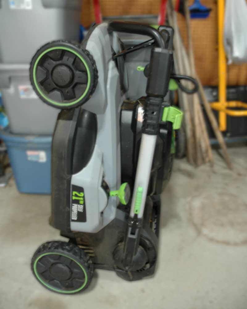 EGO mowers fold up nicely to minimize its storage footprint 