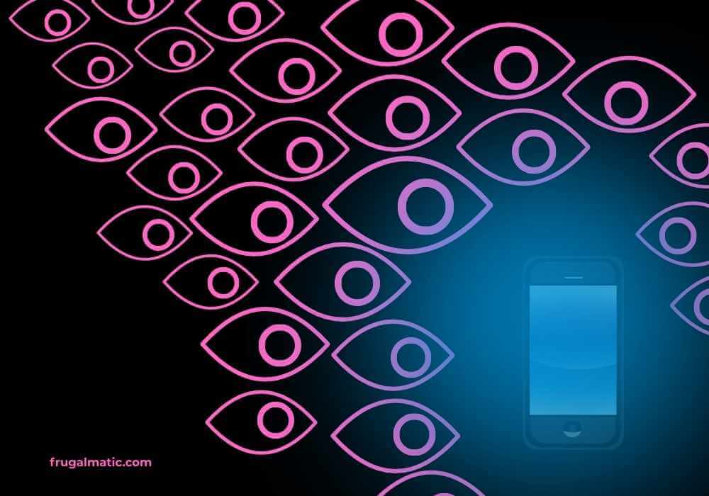 Graphic of eyeballs hovering over a smartphone, showing how the phone has captured their attention like moths to a light.