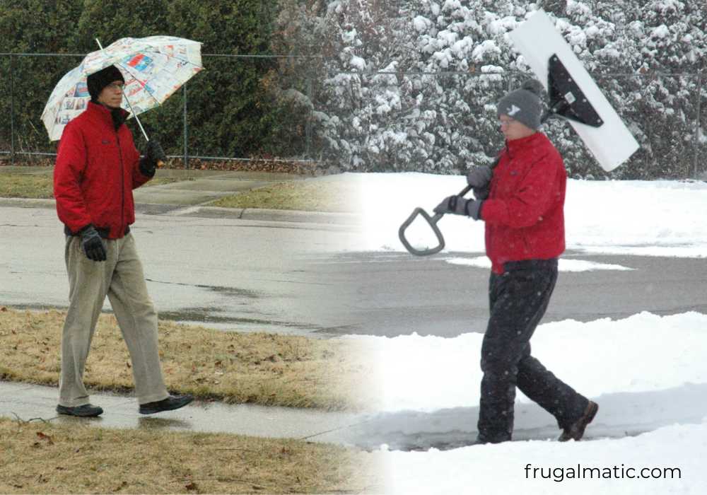 Walking in rain and then snow. Spring weather whiplash.