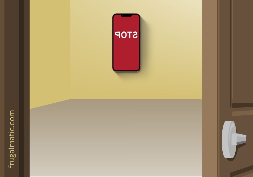 Graphic of room is a play on the movie "Backrooms," with a smartphone substituting for the stop sign with the words "stop" shown as a mirror image.